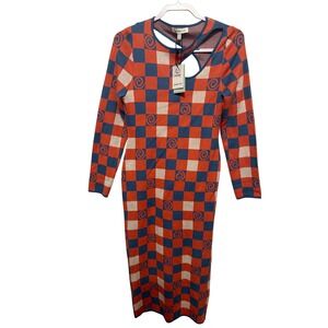 Another Girl Organic Cotton Checkered Swirl Cutout Knit Midi Dress Orange Blue 8